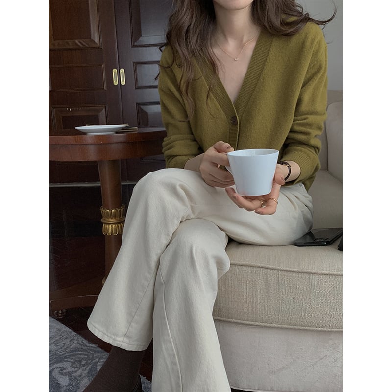 Women's V-neck Wool Knitted Cardigan in Solid Color