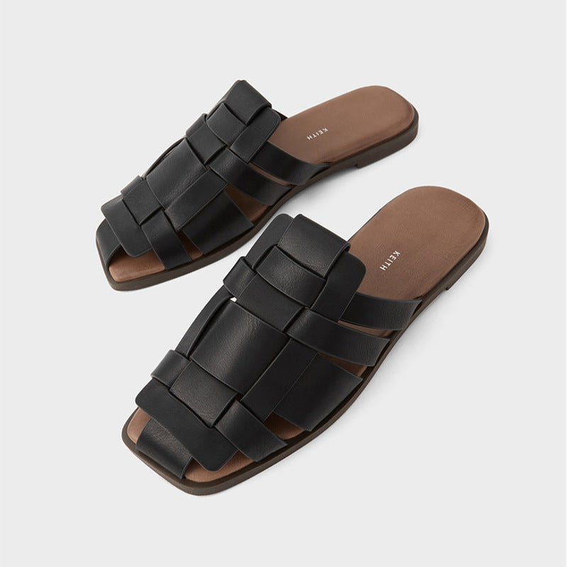Retro Square Toe Woven Ladies Casual Mules Sandals
