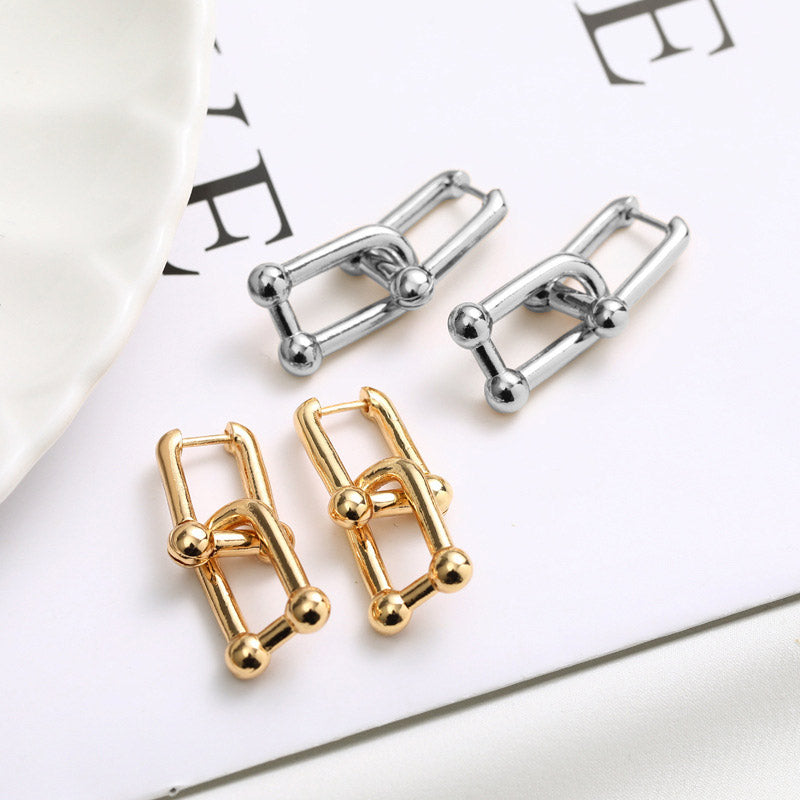 Gold-Plated U-Shaped Double-Button Women's Earrings