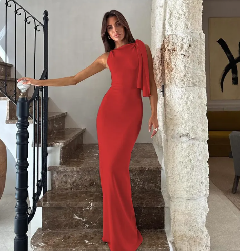 One Shoulder Linen Maxi Dress
