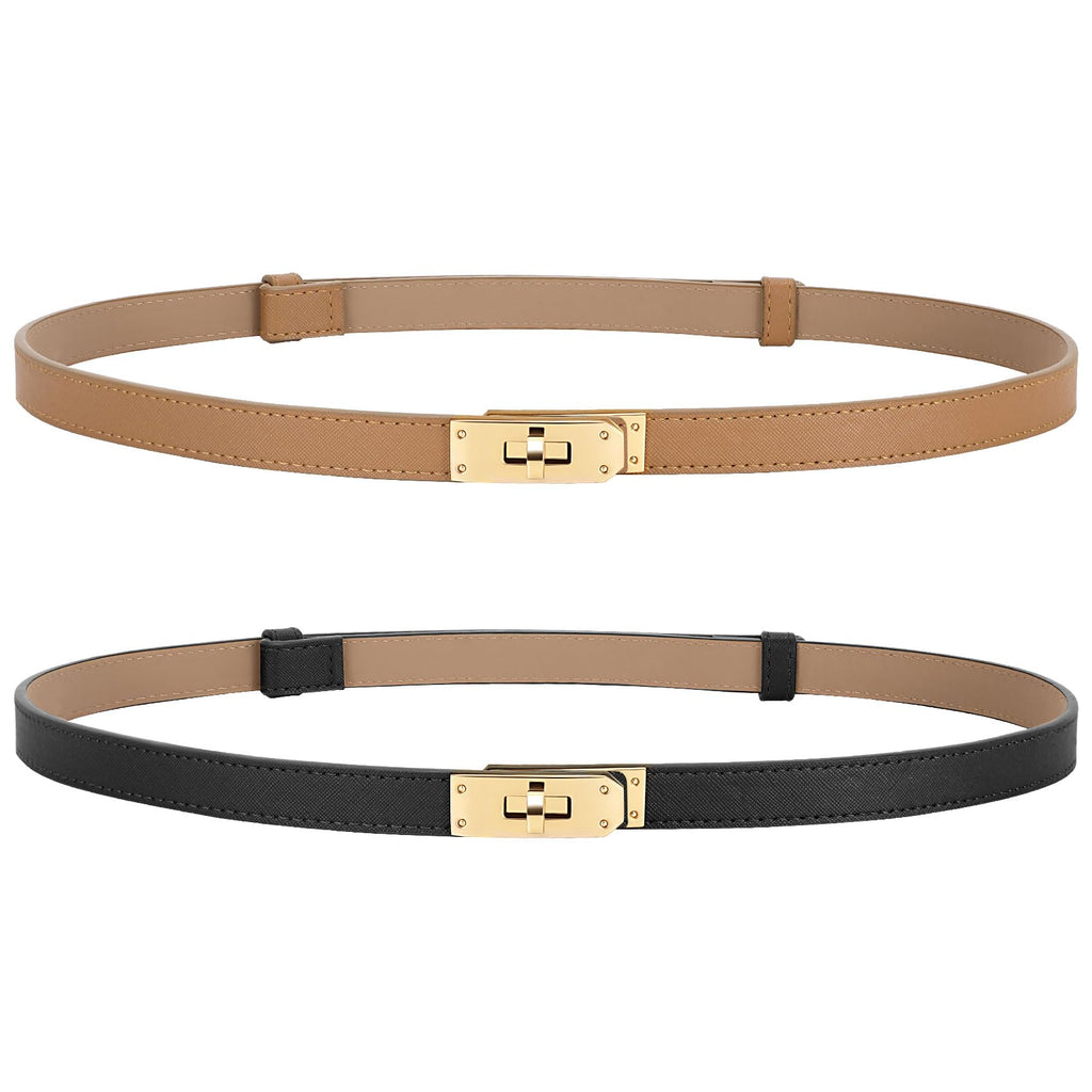 Horsopia Women Thin Leather Adjustable Belts 2 Pack for Dresses Solid Color Skinny Waist Belts for Jeans Coats with Alloy Turn Lock Gold Buckle