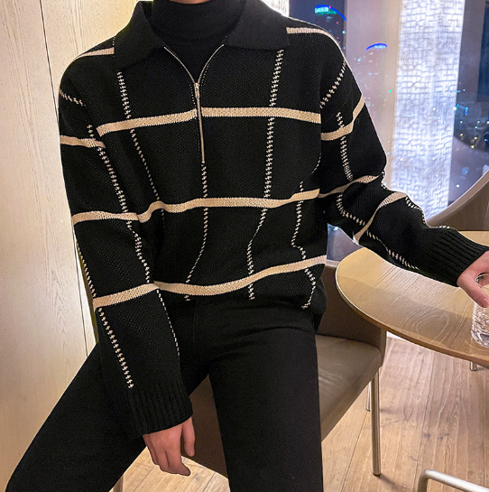 Men's Checkered Lapel Knit Polo Shirt