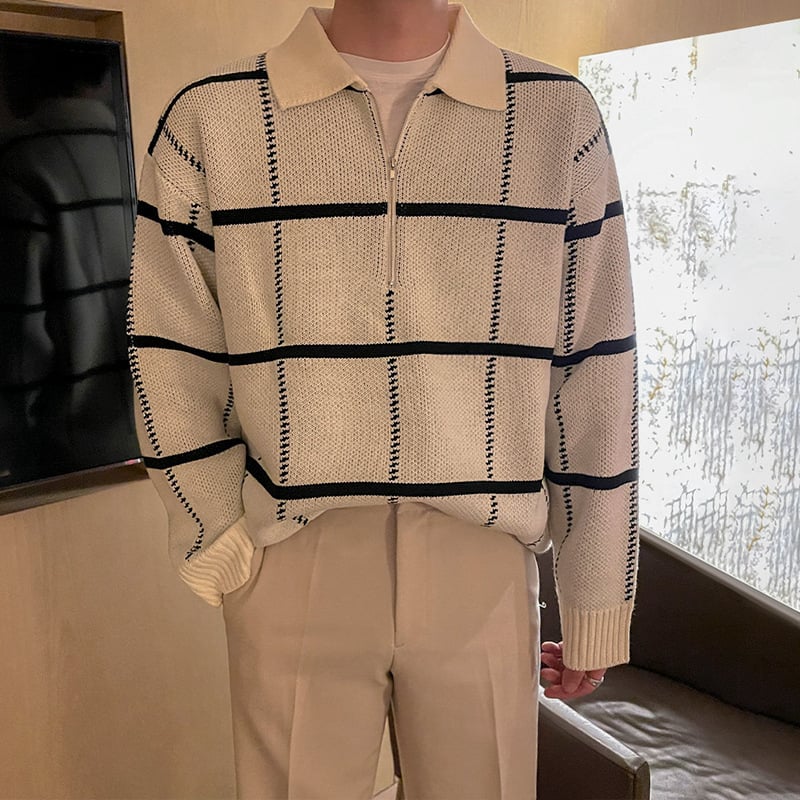 Men's Checkered Lapel Knit Polo Shirt