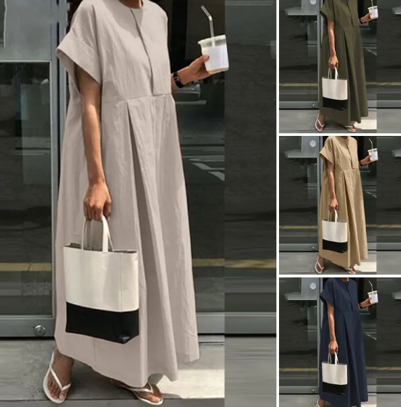 Plus Size Women's Cotton and Linen Round Neck Loose Dress