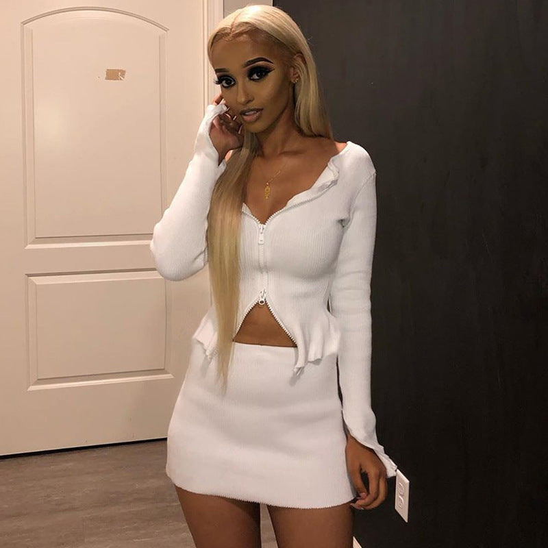 Solid Color Zipper Top and Long Sleeve Skirt Set