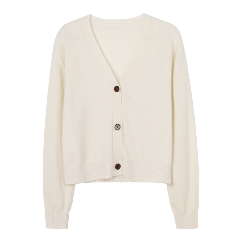 Women's V-neck Wool Knitted Cardigan in Solid Color