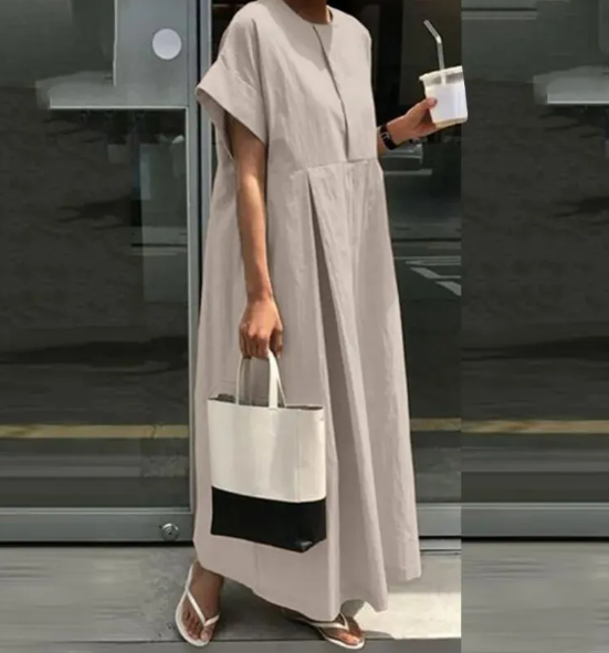 Plus Size Women's Cotton and Linen Round Neck Loose Dress