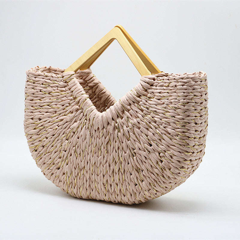 Handcrafted Moon Bag with Wooden Handle and Straw