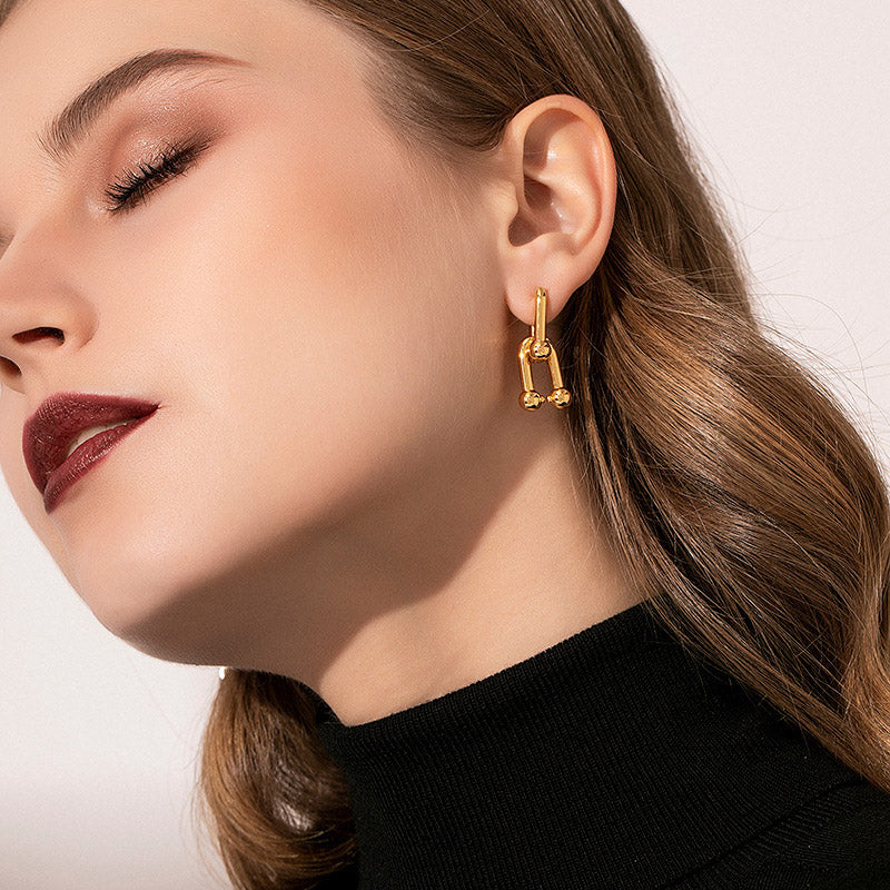 Gold-Plated U-Shaped Double-Button Women's Earrings