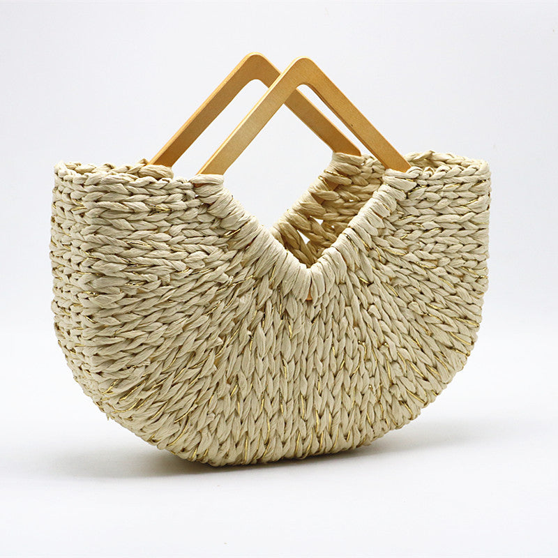 Handcrafted Moon Bag with Wooden Handle and Straw