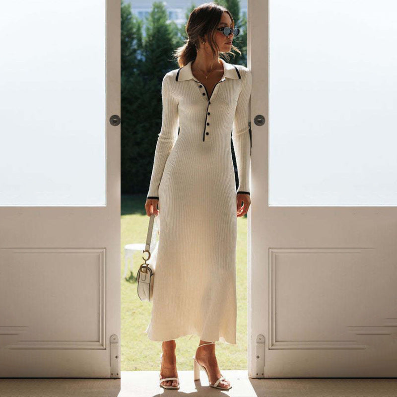 Women's Polo Collar Knitted Long Sleeve Dress