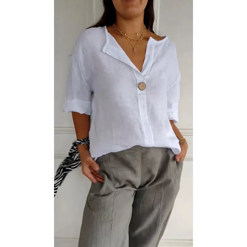 European And American Loose T-shirt Women's V-neck Cotton And Linen Button Top