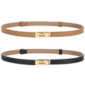 Horsopia Women Thin Leather Adjustable Belts 2 Pack for Dresses Solid Color Skinny Waist Belts for Jeans Coats with Alloy Turn Lock Gold Buckle