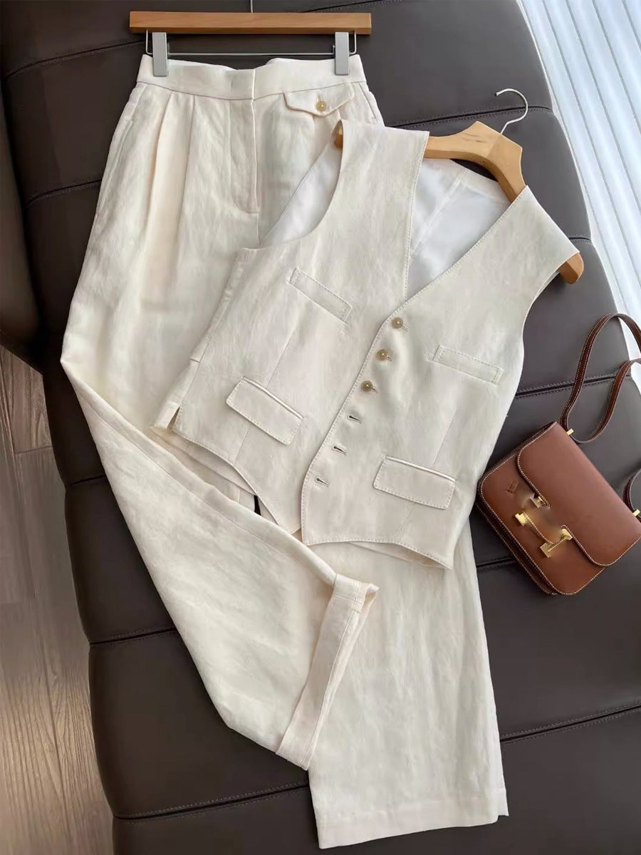 Chic Autumn Cotton-Linen Vest and Wide-Leg Pants Set