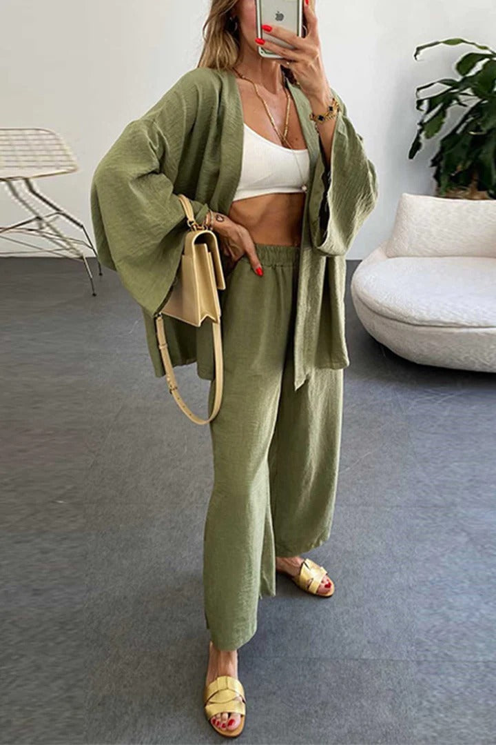 2024 Cotton-Linen Cardigan and Wide-Leg Pants Set