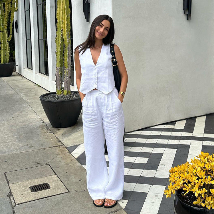 2023 Women's Summer Cotton-Linen Sleeveless Outfit Set
