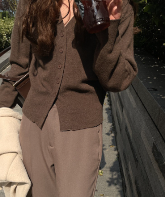 Women's V-neck Wool Knitted Cardigan in Solid Color