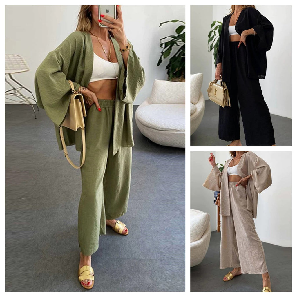 2024 Cotton-Linen Cardigan and Wide-Leg Pants Set