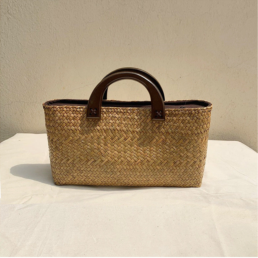 2024 Popular Woven Straw Tote Bag with Wooden Handle
