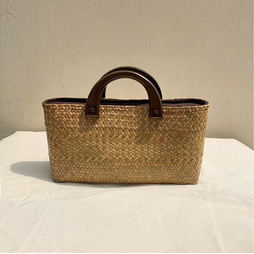2024 Popular Woven Straw Tote Bag with Wooden Handle