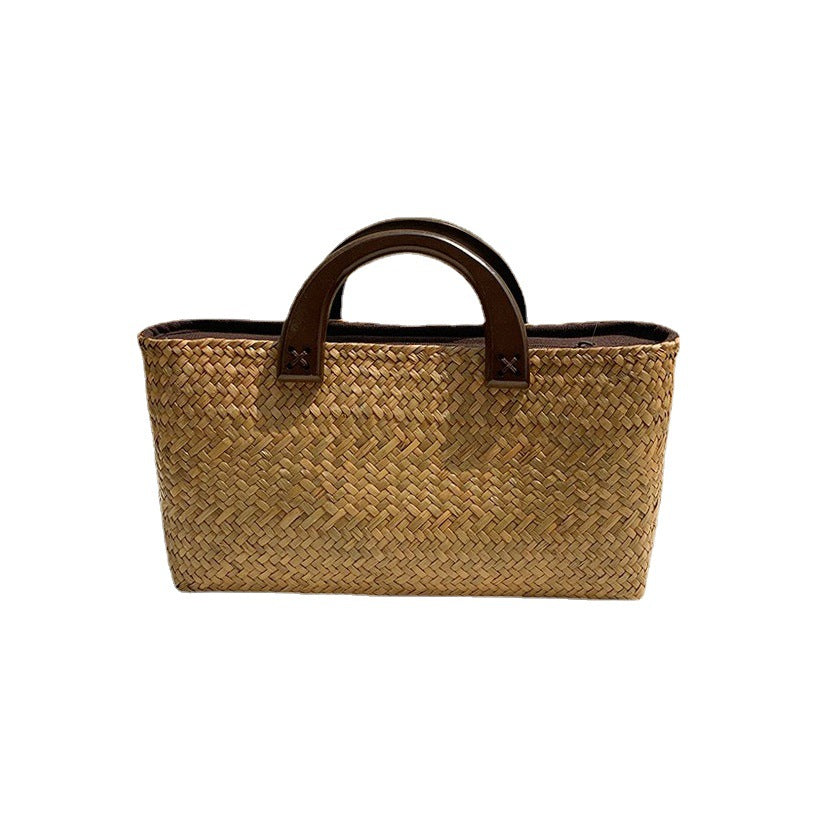 2024 Popular Woven Straw Tote Bag with Wooden Handle
