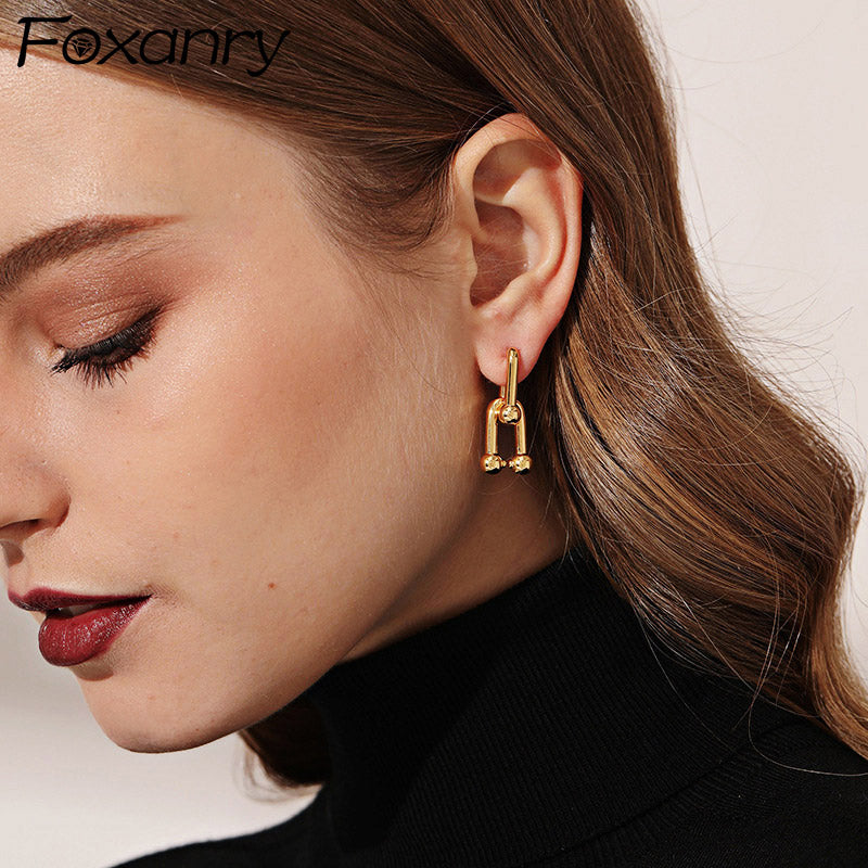 Gold-Plated U-Shaped Double-Button Women's Earrings