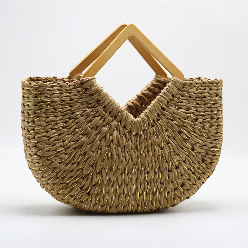 Handcrafted Moon Bag with Wooden Handle and Straw
